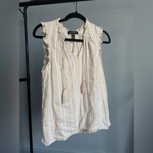 Ellen Tracy Linen-Blend Cream and White Striped Ruffle Tie-Front Blouse Shirt